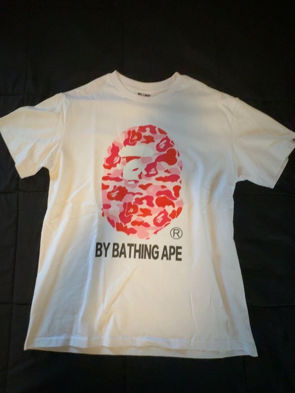 Bape White Tee with Pink & Red Camo Ape Head